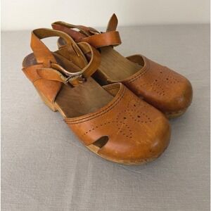 Vintage Krone Wooden Sole Clog Sandals 39 Tan Leather